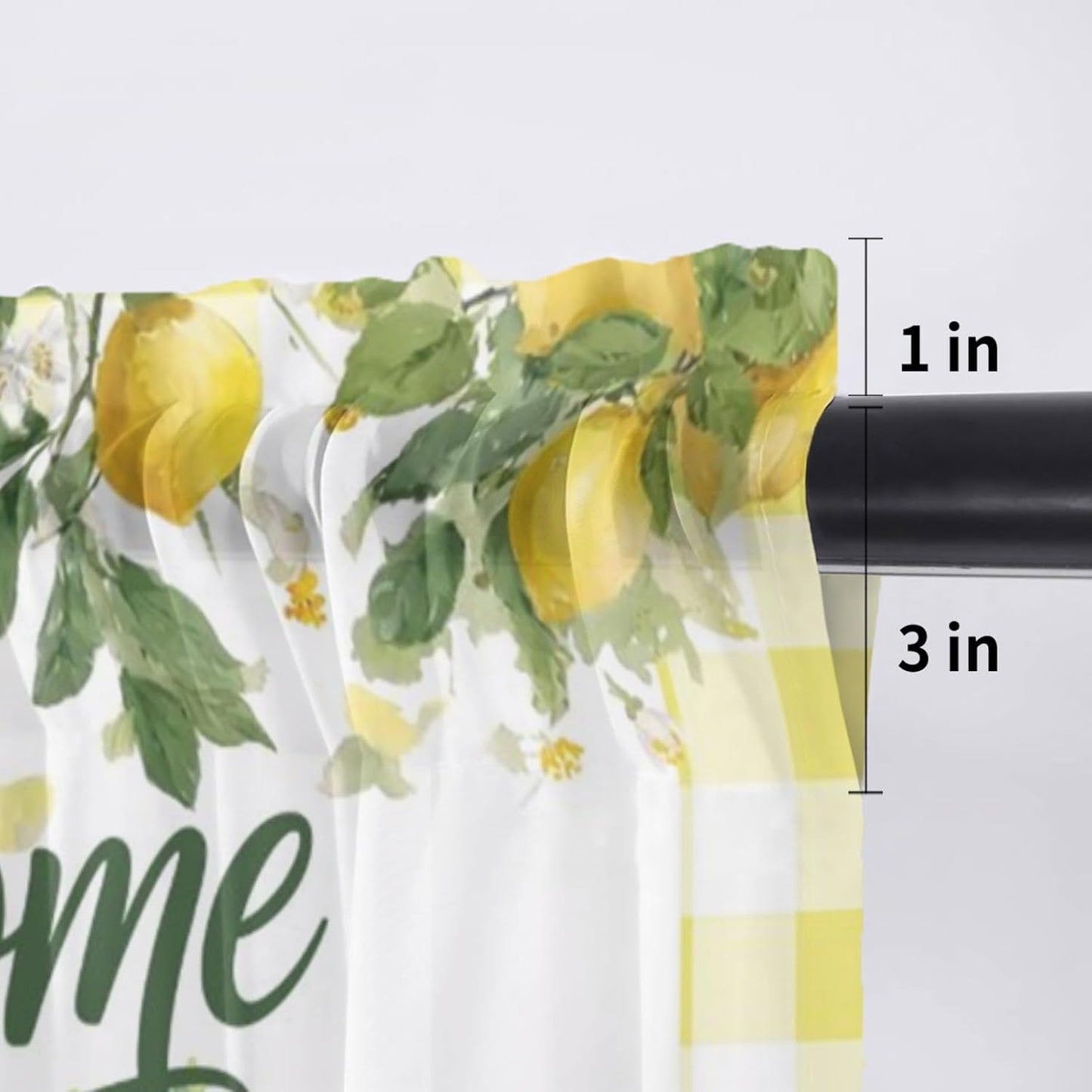 Summer Lemon Sheer Curtains Valances for Windows Yellow Plaid Fruits Floral Botanical Chiffon Kitchen Valances for Cafe, Rod Pocket Voile Window Treatments Curtains for Living Room Bedroom, 54"x18"
