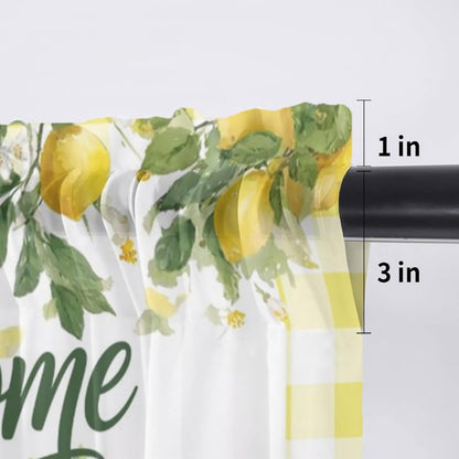 Summer Lemon Sheer Curtains Valances for Windows Yellow Plaid Fruits Floral Botanical Chiffon Kitchen Valances for Cafe, Rod Pocket Voile Window Treatments Curtains for Living Room Bedroom, 54"x18"