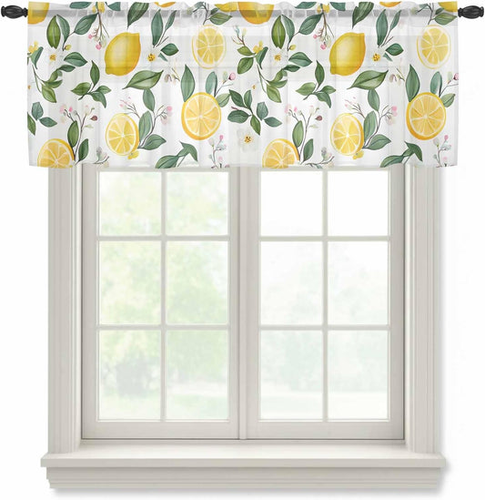 Rustic Watercolor Sheer Curtain 18 Inch Long Yellow Lemon and Green Leaf Country Light Filtering Rod Pocket Voile Curtain Valance for Bedroom Kitchen Cafe Window 54" W x 18" L