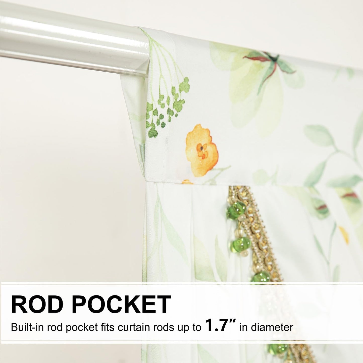 Leeva Extra Wide Sheer Valance for Windows, Yellow Flower Print Waterfall Valance with Bead Tassels, Voile Window Curtains for Living Room Decor, 138" x 43"