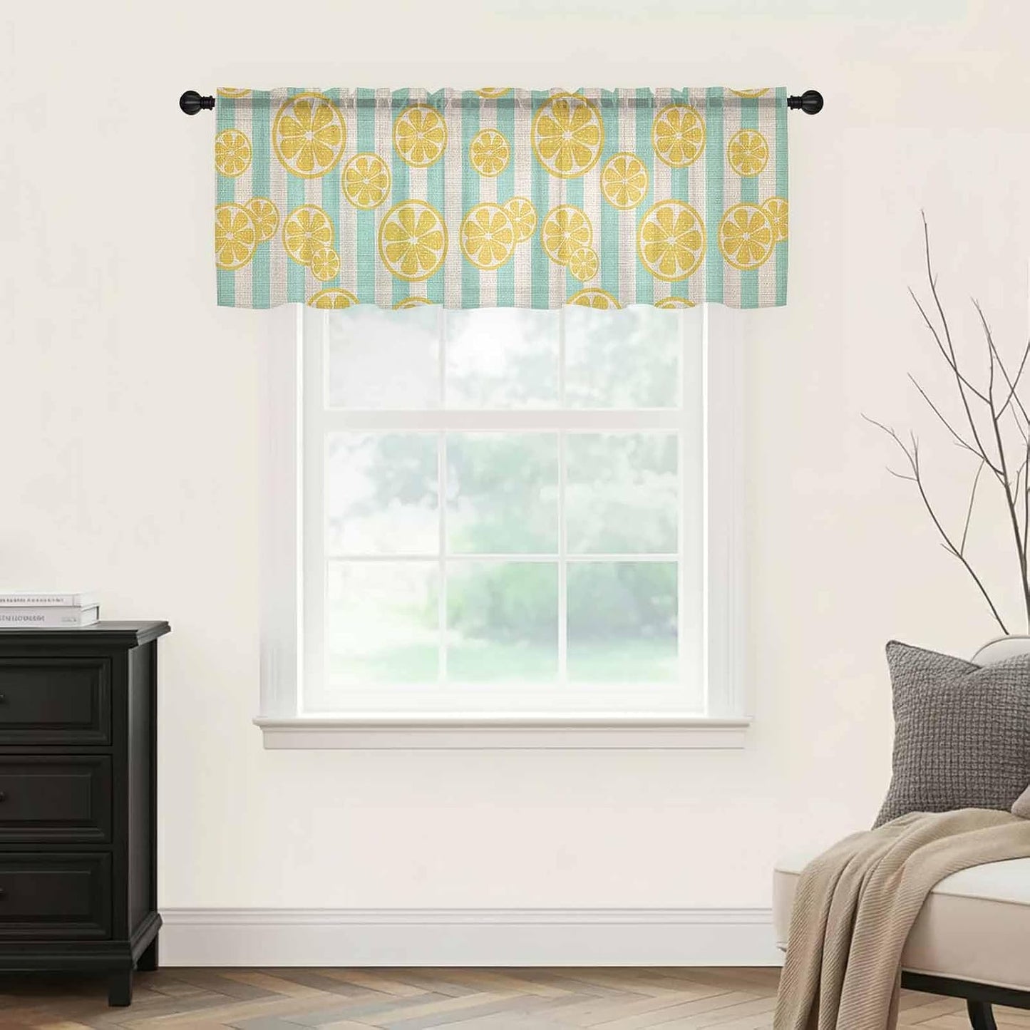 Sheer Window Valance Stripes Lemon Summer Semi Voile Short Curtain Rod Pocket Spring Yellow Valances Window Treatment for Bedroom Living Room Kitchen 54x18in