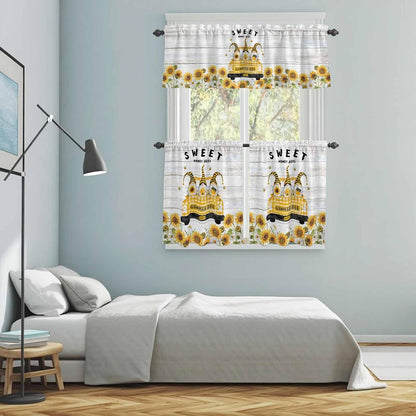Gnomes Sunflowers Kitchen Curtains Set, Tier Curtain 36 Inches Length, Country Yellow Floral Bees Farmhouse Wooden Window Treatment Valance and Tiers Set Decor for Living Room/Bedroom