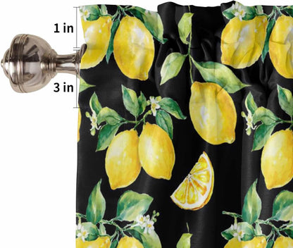 Semi Sheer Kitchen Curtains and Valances Set Summer Yellow Lemon Watercolor Style Black Valance and Tier Curtains 3 Piece, Rod Pocket Window Valances Short Drapes for Bedroom Living Room