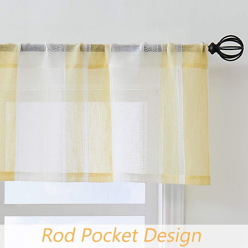 Central Park Yellow and White Kitchen Window Curtain Valance Stripe Sheer Boucle Linen Window Curtain, Living Room Decorative Rod Pocket (54" W x 15" L) Rustic Living Panels