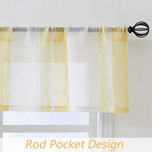 Central Park Yellow and White Kitchen Window Curtain Valance Stripe Sheer Boucle Linen Window Curtain, Living Room Decorative Rod Pocket (54" W x 15" L) Rustic Living Panels