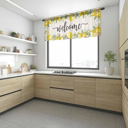 Country Sheer Curtain 18 Inch Long Welcome Yellow Lemon Farm Linen Texture Light Filtering Rod Pocket Voile Curtain Valance for Bedroom Kitchen Cafe Window 54" W x 18" L