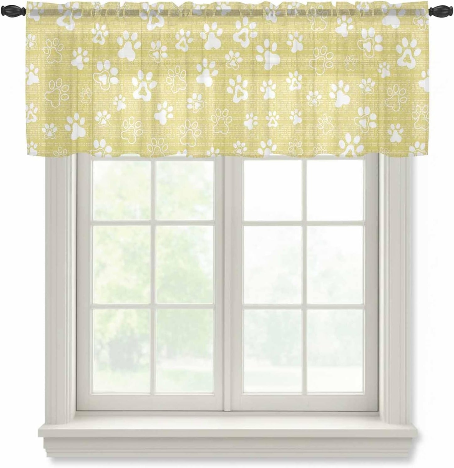 Lemon Yellow Dog Paw Sheer Curtains Valances for Windows Modern Geometric Abstract Aesthetics Chiffon Kitchen Valances for Cafe, Voile Window Treatments Curtains for Living Room Bedroom, 54"x18"
