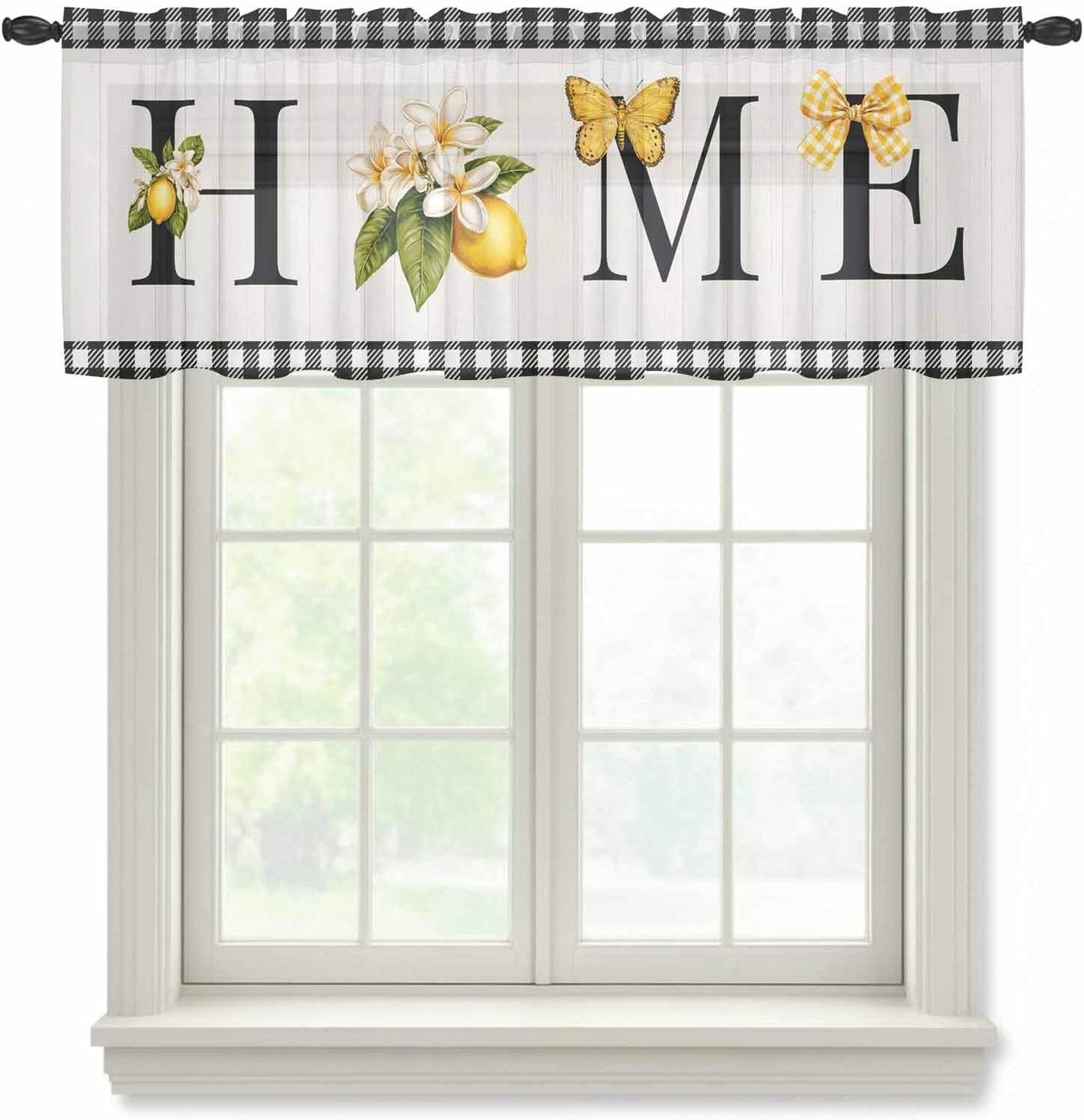 Farmhouse Lemon Sheer Curtains Valances for Windows Black Yellow Floral Buffalo Plaid Gray Chiffon Kitchen Valances for Cafe, Voile Window Treatments Curtains for Living Room Bedroom, 54"x18"