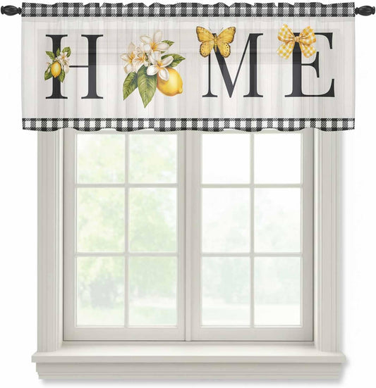 Farmhouse Lemon Sheer Curtains Valances for Windows Black Yellow Floral Buffalo Plaid Gray Chiffon Kitchen Valances for Cafe, Voile Window Treatments Curtains for Living Room Bedroom, 54"x18"