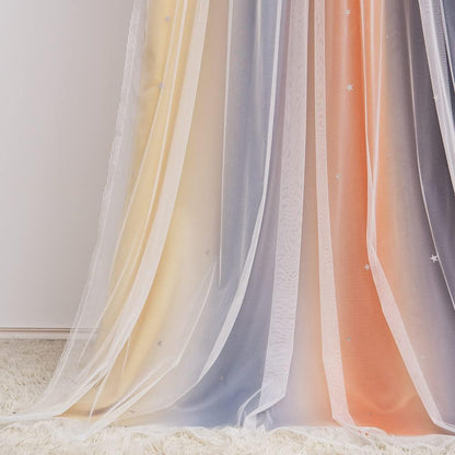 Christmas Rainbow Star Cutout Curtain for Bedroom - Double Layer Grommet Curtains Star Hollowed Curtain Rainbow Stripe Princess Curtains with Tie Backs Yellow/Grey 52W x 84L 2 Panels