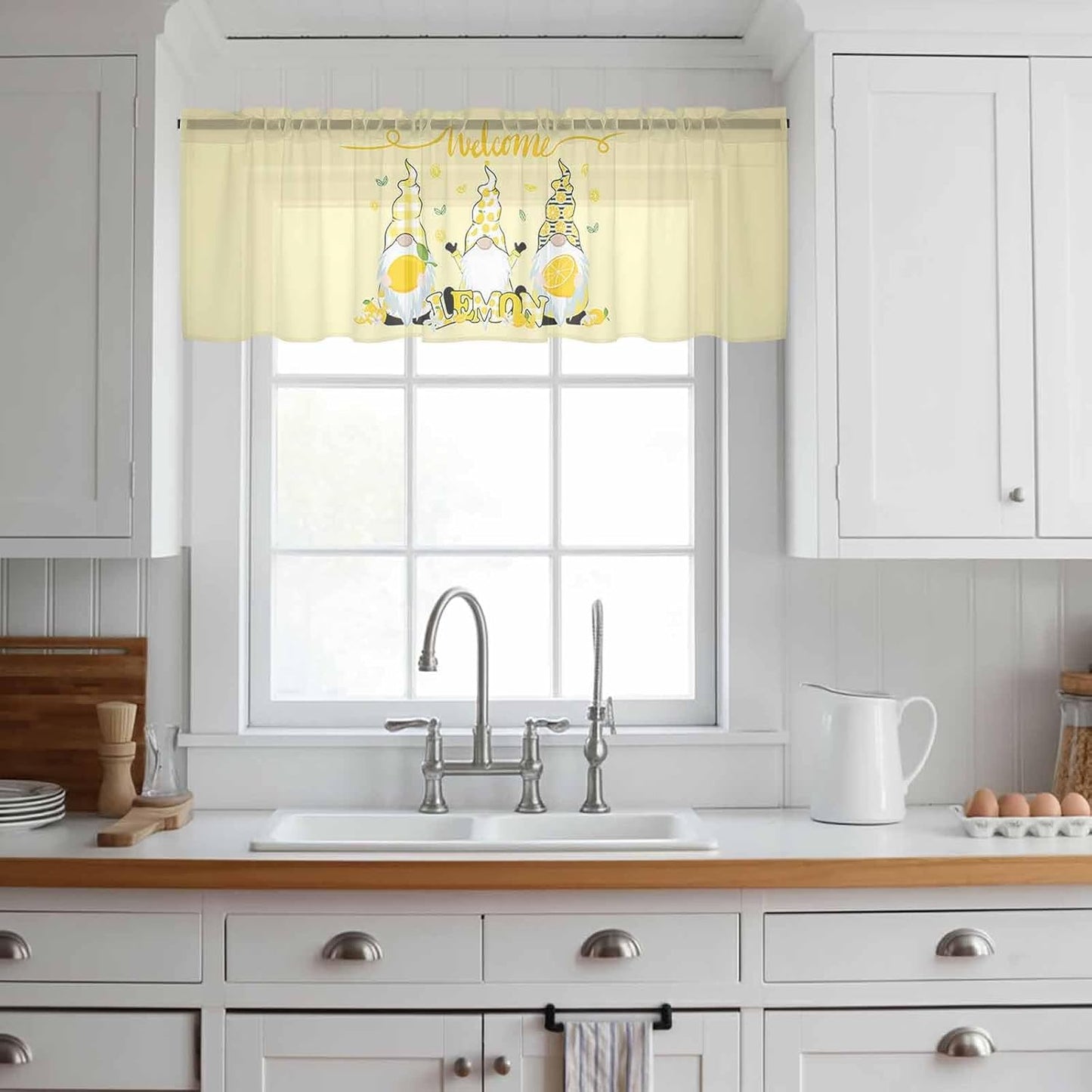 Sheer Valances for Windows Fruit Lemon Gnome Window Valances Rod Pocket Farmhouse Plants Green Leaves Yellow Window Treatment Sheer Curtains for Kitchen Living Room Bedroom Bathroom 54x18in