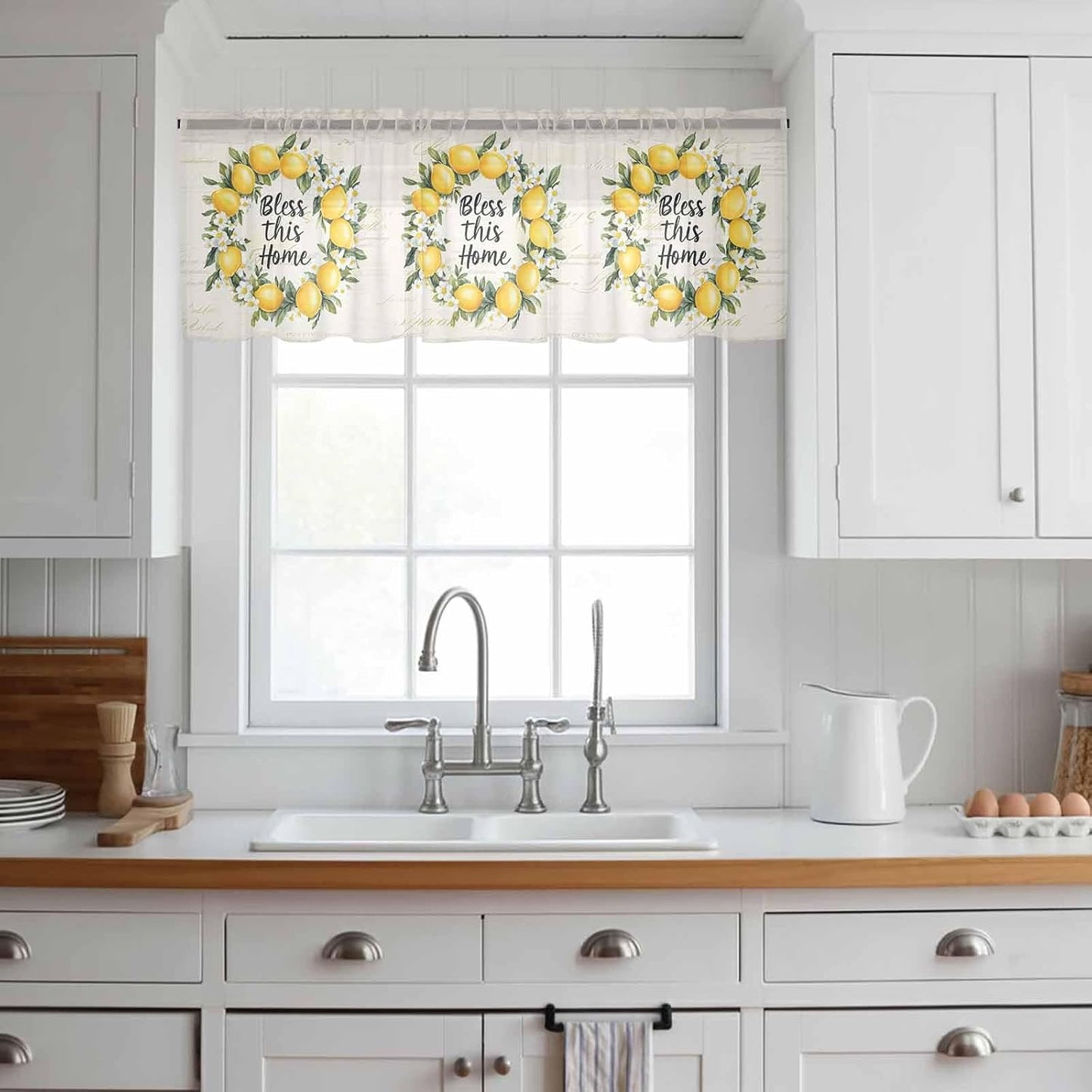 Country Farm Bless This Home Sheer Curtain 18 Inch Long Yellow Lemon Linen Texture Light Filtering Rod Pocket Voile Curtain Valance for Bedroom Kitchen Cafe Window 54" W x 18" L