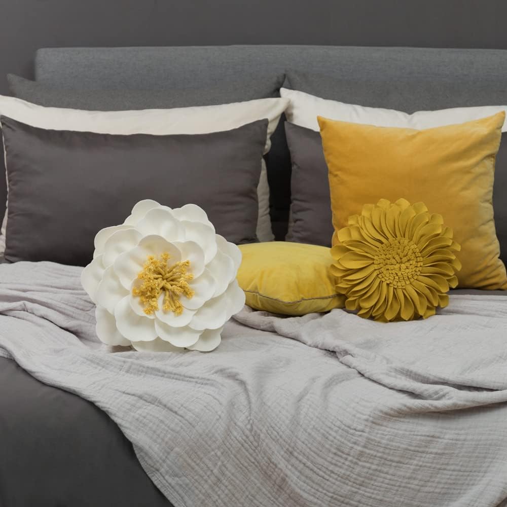 JWH Handmade 3D Flower Throw Pillow Cover Decorative Round Cushion Handmade Pillowcase Striped Floral Accent Pillow Case for Bed Couch Living Room Office Chair 14 Inch Ivory Yellow