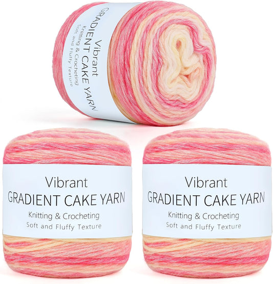 Aeelike Cake Yarn for Crocheting, Soft Ombre Crochet Yarn, Pink Yellow | 3 PCS #3 Light weight 100g(3.52oz) 245m( 267yards), 60% Cotton Blend Gradient Yarn for Blanket Scarves DIY Crafts, Ideal Gift