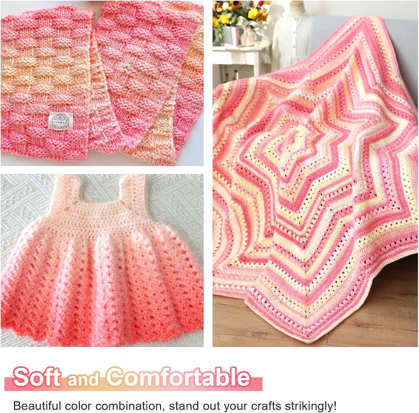 Aeelike Cake Yarn for Crocheting, Soft Ombre Crochet Yarn, Pink Yellow | 3 PCS #3 Light weight 100g(3.52oz) 245m( 267yards), 60% Cotton Blend Gradient Yarn for Blanket Scarves DIY Crafts, Ideal Gift