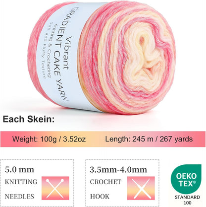 Aeelike Cake Yarn for Crocheting, Soft Ombre Crochet Yarn, Pink Yellow | 3 PCS #3 Light weight 100g(3.52oz) 245m( 267yards), 60% Cotton Blend Gradient Yarn for Blanket Scarves DIY Crafts, Ideal Gift