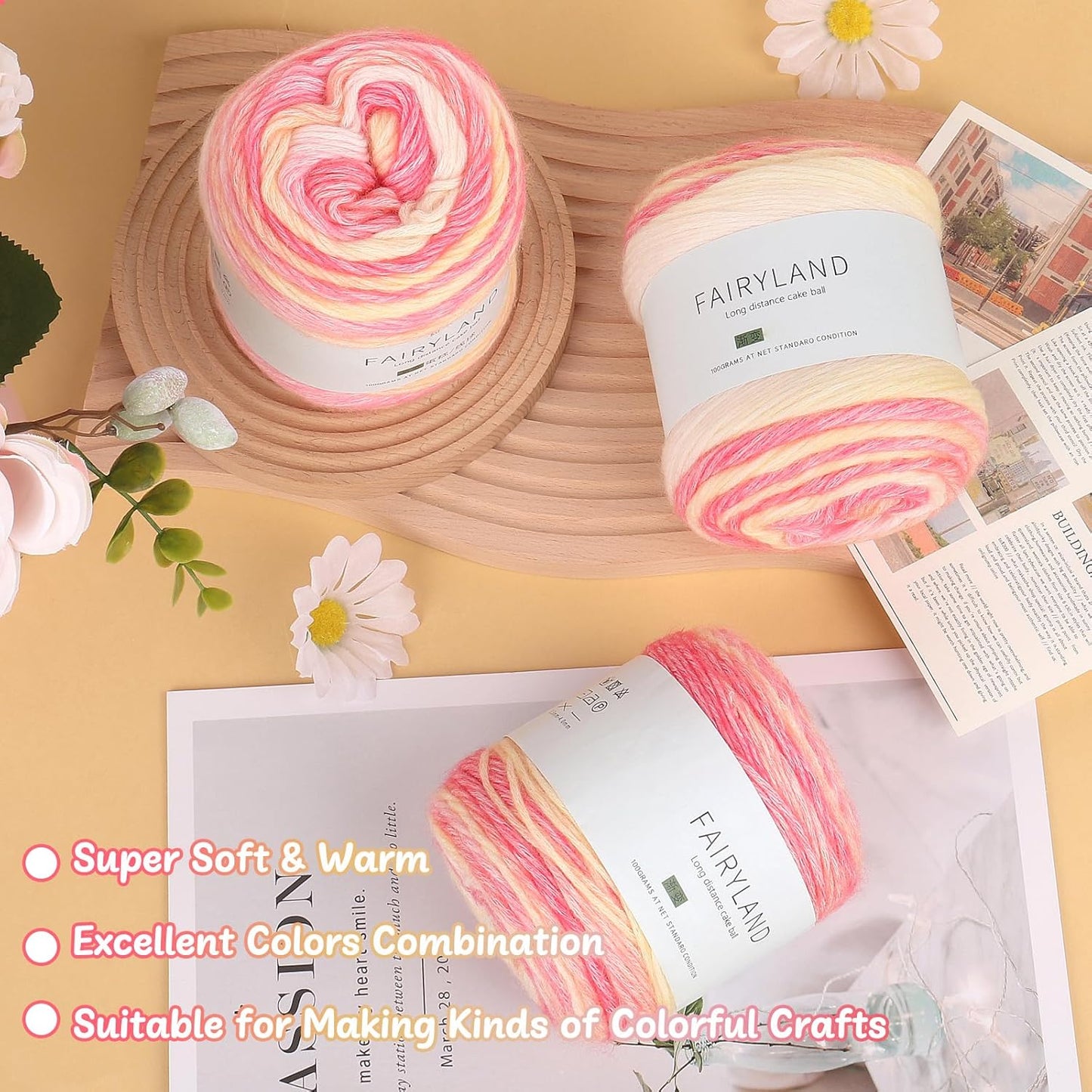 Aeelike Cake Yarn for Crocheting, Soft Ombre Crochet Yarn, Pink Yellow | 3 PCS #3 Light weight 100g(3.52oz) 245m( 267yards), 60% Cotton Blend Gradient Yarn for Blanket Scarves DIY Crafts, Ideal Gift