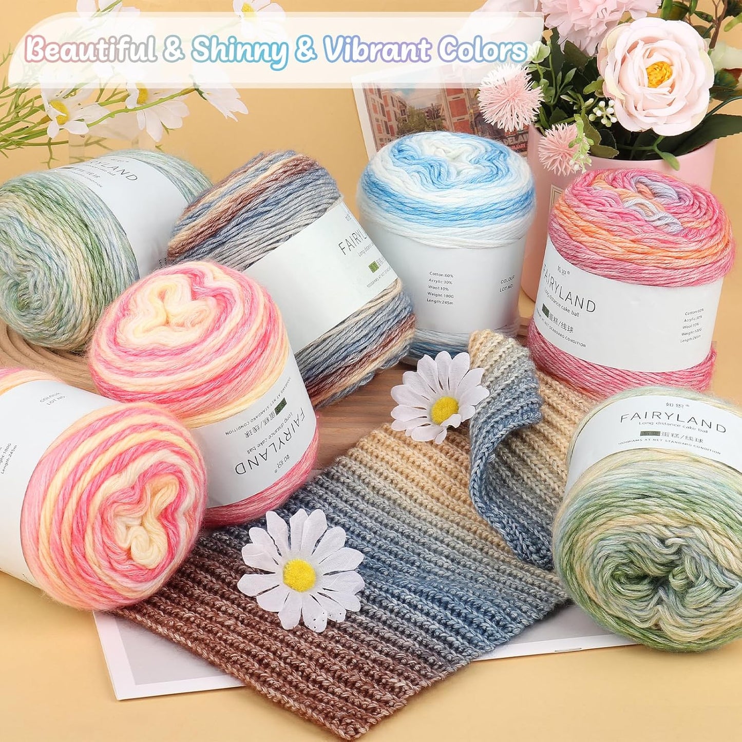 Aeelike Cake Yarn for Crocheting, Soft Ombre Crochet Yarn, Pink Yellow | 3 PCS #3 Light weight 100g(3.52oz) 245m( 267yards), 60% Cotton Blend Gradient Yarn for Blanket Scarves DIY Crafts, Ideal Gift