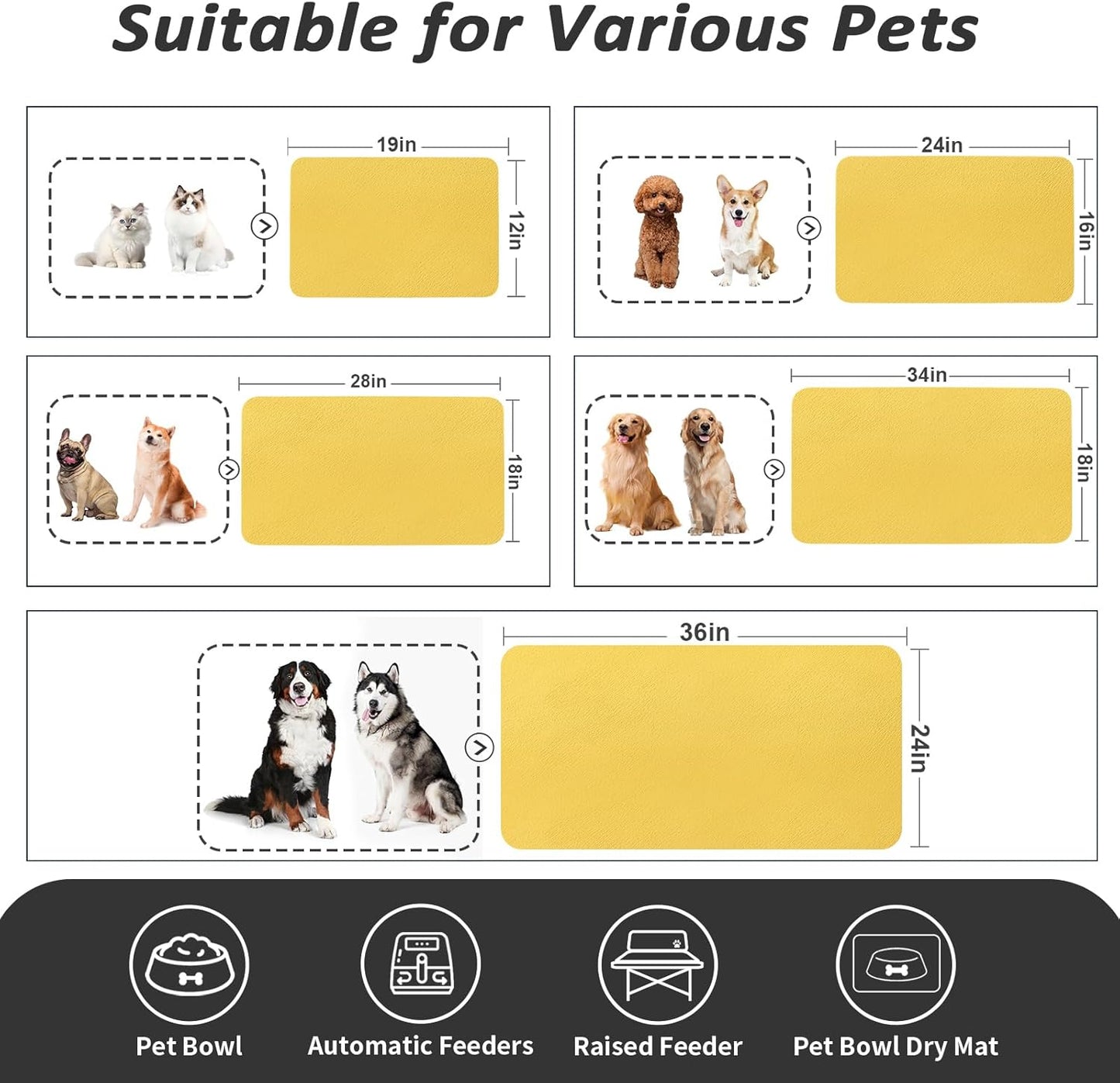 Dog Food Mat - Absorbent Cat Mat for Food and Water, No Stains Pet Feeding Bowl Mat, Easy to Clean Pet Placemats, Quick Dry Dog Water Dispenser Mat for Messy Drinkers | Yellow 12"x 19"