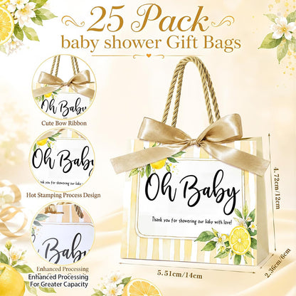Spakon 25 Pack Lemon Baby Shower Favors Gift Bags Oh Baby Goodie Bags with Handles and Bow Ribbon for Return Gift