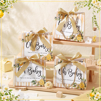 Spakon 25 Pack Lemon Baby Shower Favors Gift Bags Oh Baby Goodie Bags with Handles and Bow Ribbon for Return Gift