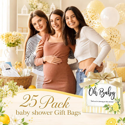 Spakon 25 Pack Lemon Baby Shower Favors Gift Bags Oh Baby Goodie Bags with Handles and Bow Ribbon for Return Gift