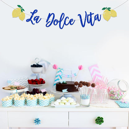 La Dolce Vita Bridal Shower Wedding Banner, Lemon Citrus Bachelorette Decor, Italian Summer Dinner Celebration Decorations, Girls Bachelorette Weekend Party Decorations Gold Blue Glitter