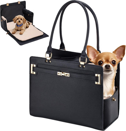 Dog Purse Carrier for Small Dogs, Stylish Foldable Pet Carrier Purse Tote Bag with Washable Cushion & Safety Leash, Airline Approved Puppy Travel Bag with Pockets (White)