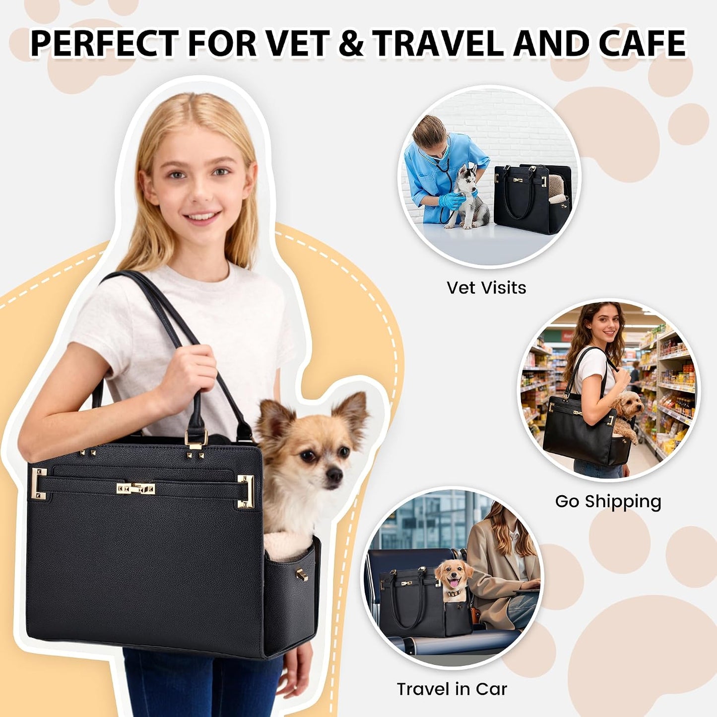 Dog Purse Carrier for Small Dogs, Stylish Foldable Pet Carrier Purse Tote Bag with Washable Cushion & Safety Leash, Airline Approved Puppy Travel Bag with Pockets (White)