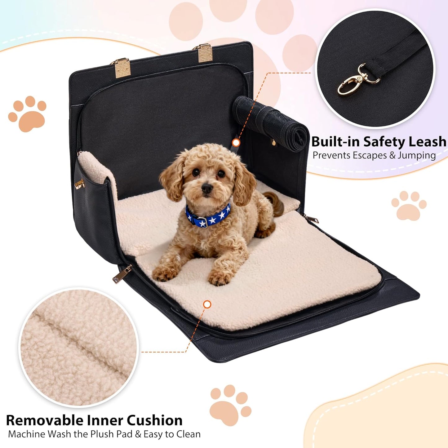 Dog Purse Carrier for Small Dogs, Stylish Foldable Pet Carrier Purse Tote Bag with Washable Cushion & Safety Leash, Airline Approved Puppy Travel Bag with Pockets (White)