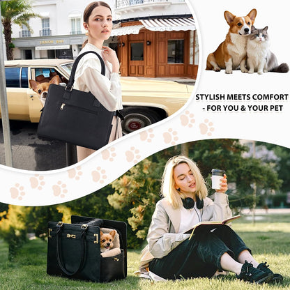 Dog Purse Carrier for Small Dogs, Stylish Foldable Pet Carrier Purse Tote Bag with Washable Cushion & Safety Leash, Airline Approved Puppy Travel Bag with Pockets (White)