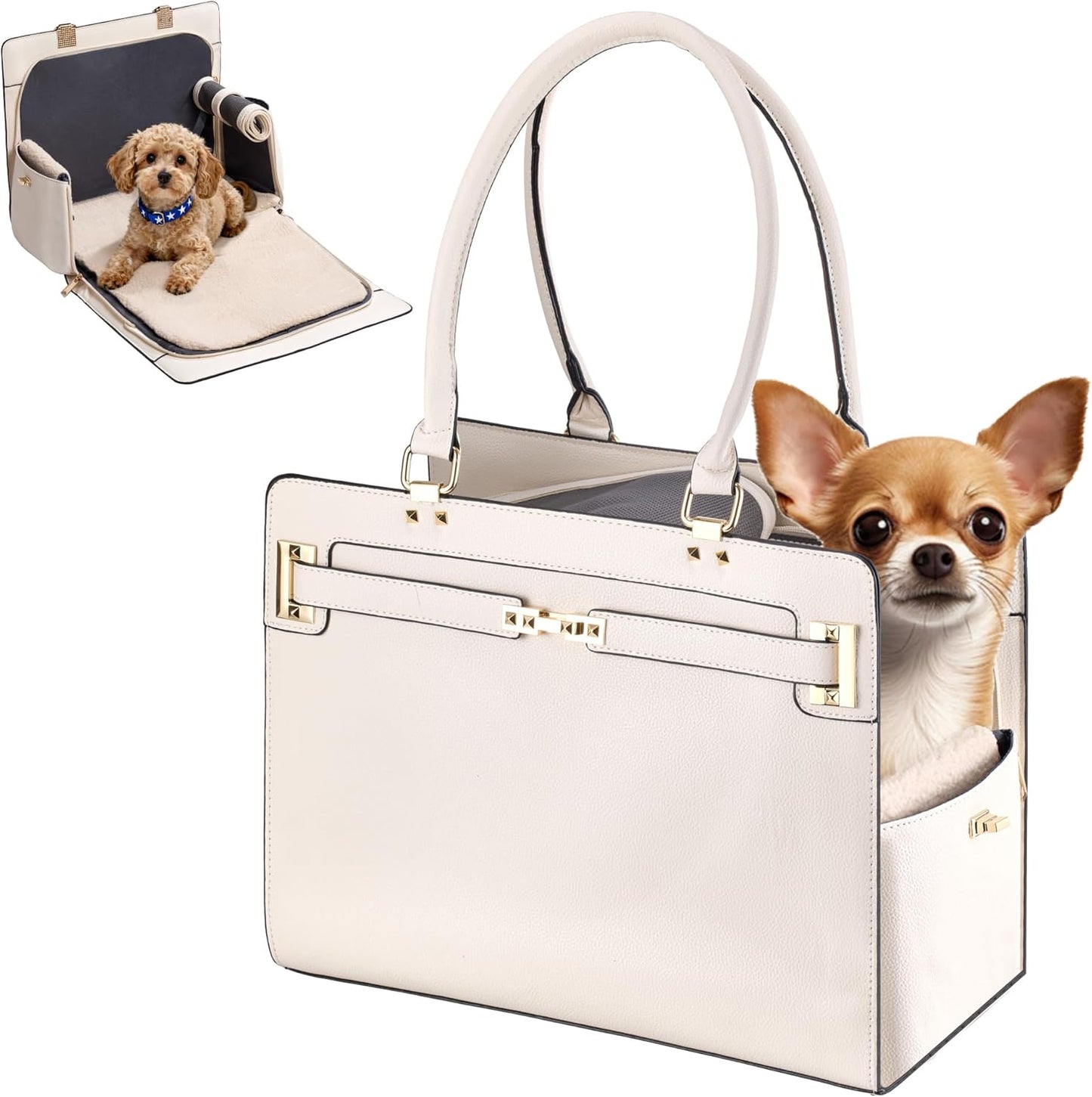 Dog Purse Carrier for Small Dogs, Stylish Foldable Pet Carrier Purse Tote Bag with Washable Cushion & Safety Leash, Airline Approved Puppy Travel Bag with Pockets (White)