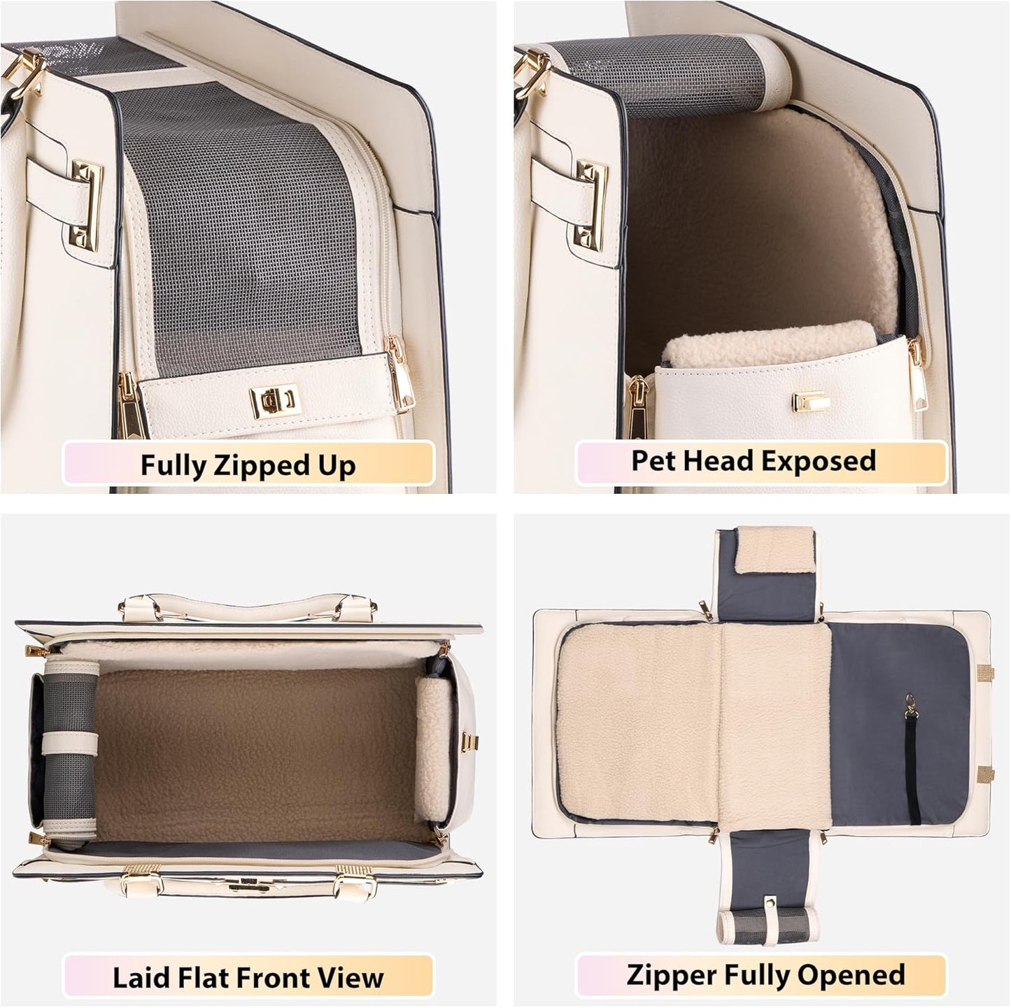 Dog Purse Carrier for Small Dogs, Stylish Foldable Pet Carrier Purse Tote Bag with Washable Cushion & Safety Leash, Airline Approved Puppy Travel Bag with Pockets (White)