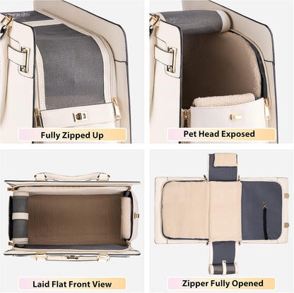 Dog Purse Carrier for Small Dogs, Stylish Foldable Pet Carrier Purse Tote Bag with Washable Cushion & Safety Leash, Airline Approved Puppy Travel Bag with Pockets (White)