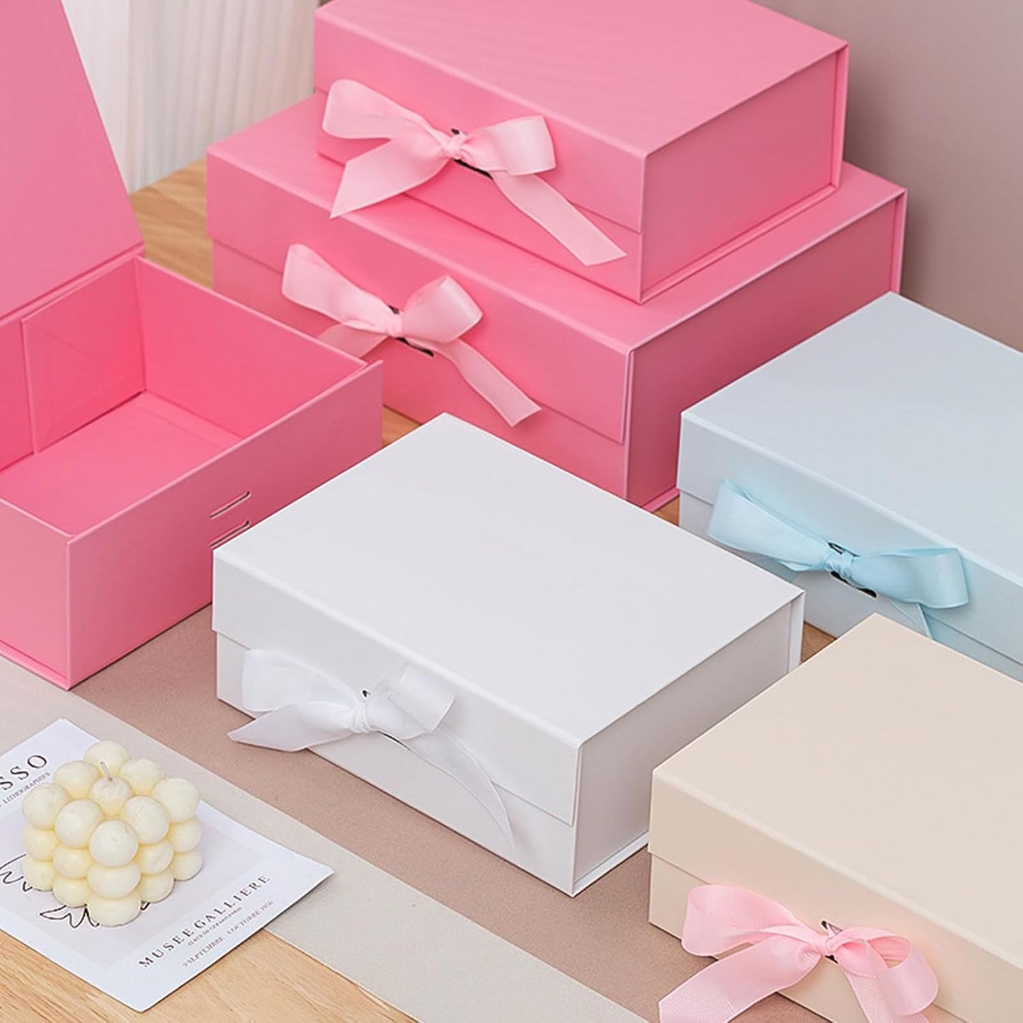 Magnetic Gift Box L8.7*W6.5*H3.5inch Ribbon Foldable Gift Packaging Boxes | Light yellow Set of 5 Glossy Luxury Foldable Gift Wrap Boxes,Groomsmen Proposal,Wedding,Birthday all Elegant Gift Wrapping