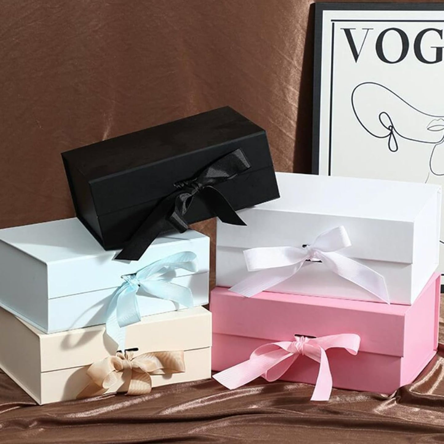 Magnetic Gift Box L8.7*W6.5*H3.5inch Ribbon Foldable Gift Packaging Boxes | Light yellow Set of 5 Glossy Luxury Foldable Gift Wrap Boxes,Groomsmen Proposal,Wedding,Birthday all Elegant Gift Wrapping