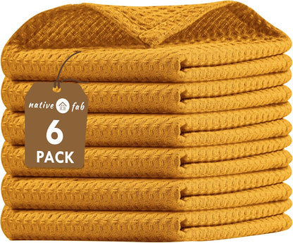 6 Pack Waffle Dish Cloths - 100% Cotton, Soft, Absorbent & Quick Drying Towels for Cleaning, Cooking & Baking - Great for Home, Restaurants, Cafes, Bars - Mustard Yellow