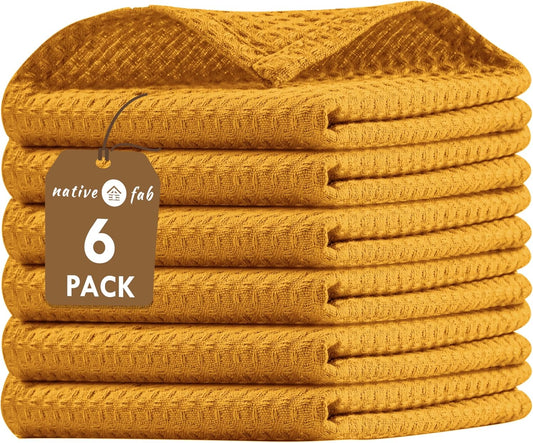 6 Pack Waffle Dish Cloths - 100% Cotton, Soft, Absorbent & Quick Drying Towels for Cleaning, Cooking & Baking - Great for Home, Restaurants, Cafes, Bars - Mustard Yellow