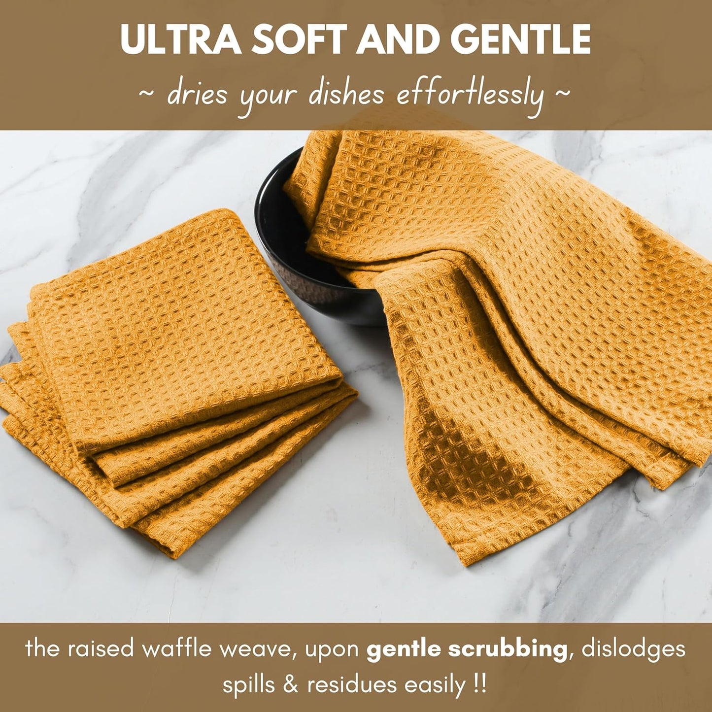 6 Pack Waffle Dish Cloths - 100% Cotton, Soft, Absorbent & Quick Drying Towels for Cleaning, Cooking & Baking - Great for Home, Restaurants, Cafes, Bars - Mustard Yellow