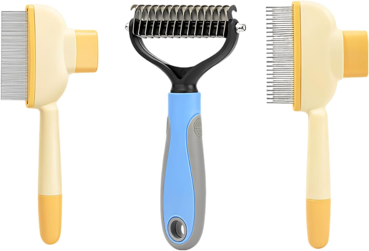 Self-Cleaning Pet Comb, Flea Comb, Detangling Comb, 3 Pcs Set, Cats & Dogs Grooming Kit, Yellow & Blue