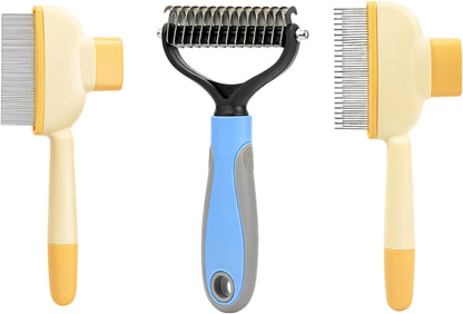 Self-Cleaning Pet Comb, Flea Comb, Detangling Comb, 3 Pcs Set, Cats & Dogs Grooming Kit, Yellow & Blue