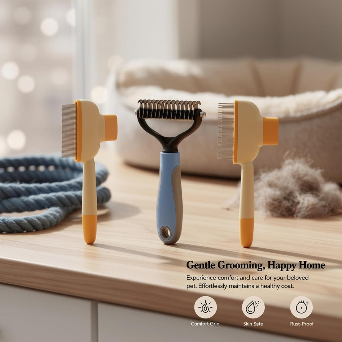 Self-Cleaning Pet Comb, Flea Comb, Detangling Comb, 3 Pcs Set, Cats & Dogs Grooming Kit, Yellow & Blue