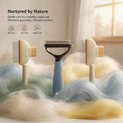 Self-Cleaning Pet Comb, Flea Comb, Detangling Comb, 3 Pcs Set, Cats & Dogs Grooming Kit, Yellow & Blue