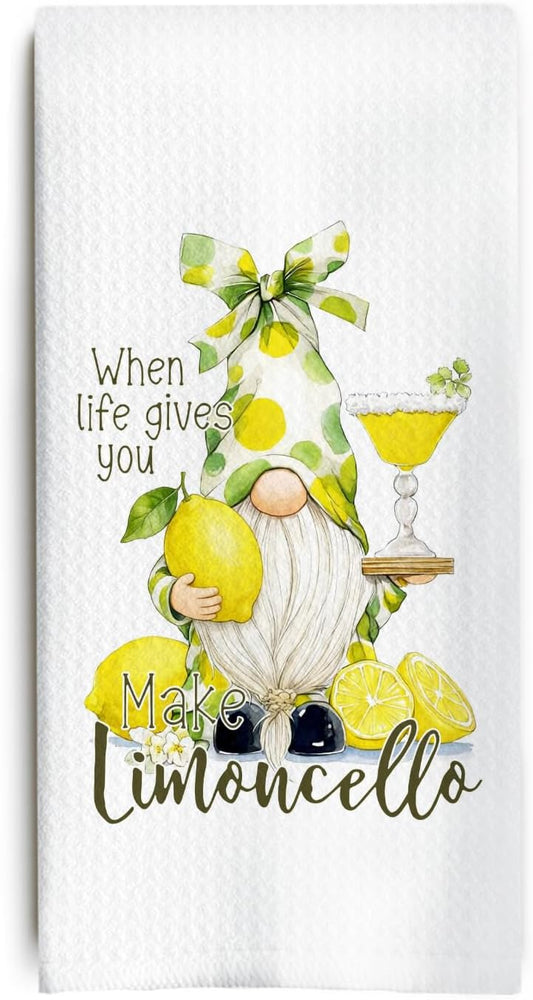 Funny Lemon Gnome Kitchen Towels, Gifts for Gnome Lovers Dish Tea Towels, Summer Italian Liqueur Limoncello Decorative Hand Towel for Kitchen Bar Cart Pub, 16x24 Inch