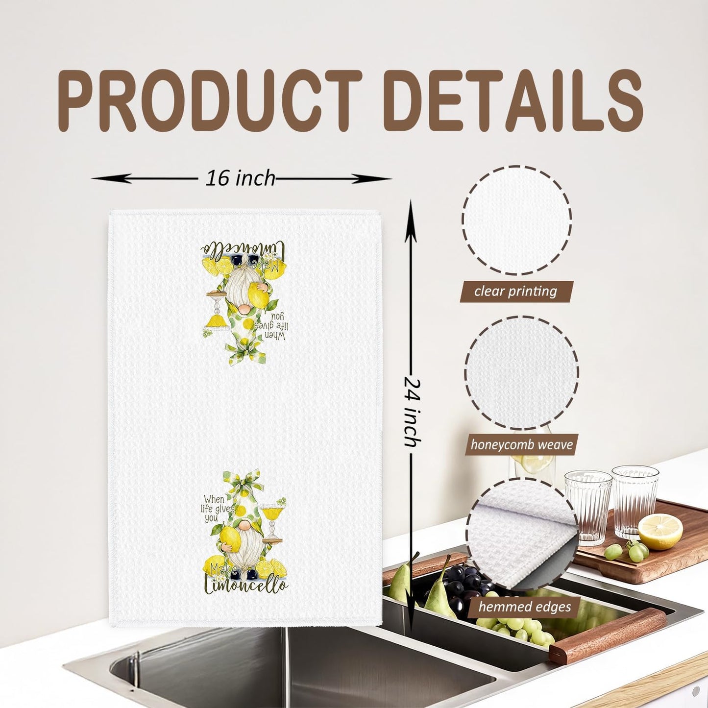Funny Lemon Gnome Kitchen Towels, Gifts for Gnome Lovers Dish Tea Towels, Summer Italian Liqueur Limoncello Decorative Hand Towel for Kitchen Bar Cart Pub, 16x24 Inch