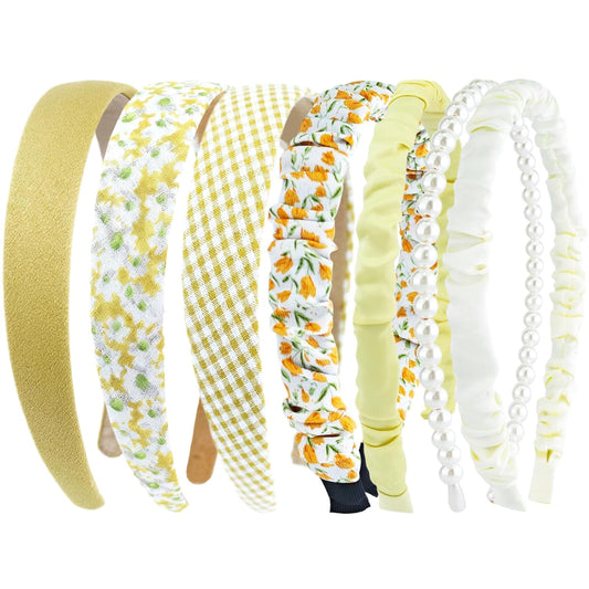 7PCS Headbands for Women Girls, Pearl Headbands Non Slip Fashion Cute Head Bands Vintage Hair Accessories Pack for Women's Hair (Yellow)