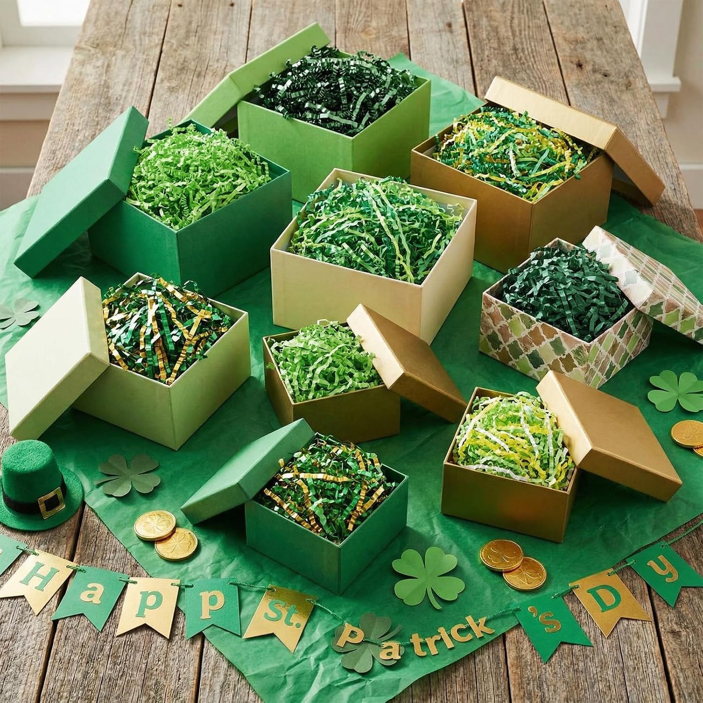 10 Pack Crinkle Cut Paper Shred Filler for Packing and Empty Basket Filler, Total 300g Raffia Tissue Paper Stuffers Gift Boxes for Wrapping Party Supplies(Irish Color)