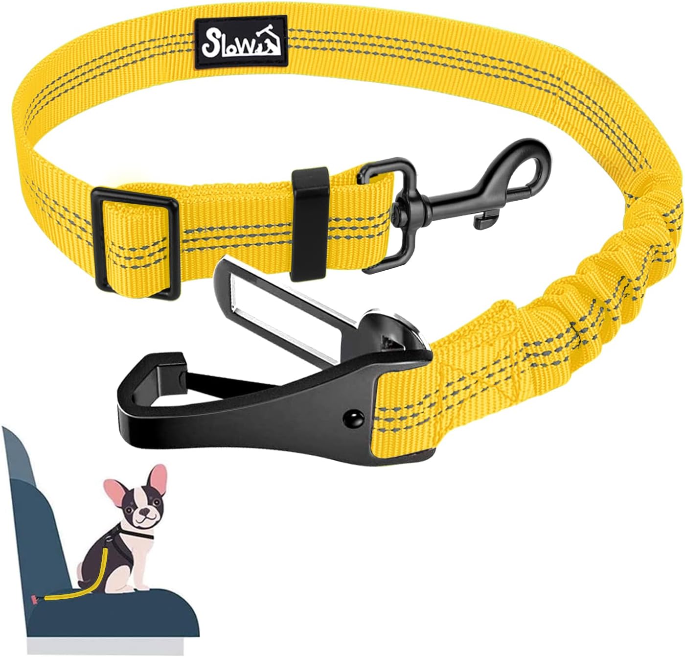 Dog Harness, Adjustable Dog Seatbelt, 2 in 1 Latch Bar Attachment, Reflective Nylon Belt Tether, Yellow, 27.55in | Hook Latch Bar& Seatbelt Buckle, Reflective, Heavy Duty Nylon, Durability, Easy of Use, for Travel Riding, Yellow, 27.5"