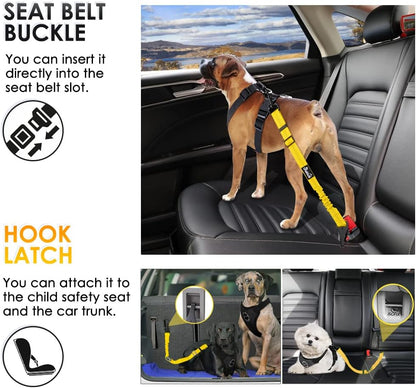 Dog Harness, Adjustable Dog Seatbelt, 2 in 1 Latch Bar Attachment, Reflective Nylon Belt Tether, Yellow, 27.55in | Hook Latch Bar& Seatbelt Buckle, Reflective, Heavy Duty Nylon, Durability, Easy of Use, for Travel Riding, Yellow, 27.5"