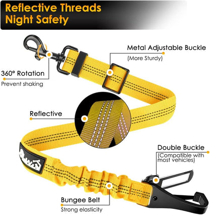 Dog Harness, Adjustable Dog Seatbelt, 2 in 1 Latch Bar Attachment, Reflective Nylon Belt Tether, Yellow, 27.55in | Hook Latch Bar& Seatbelt Buckle, Reflective, Heavy Duty Nylon, Durability, Easy of Use, for Travel Riding, Yellow, 27.5"